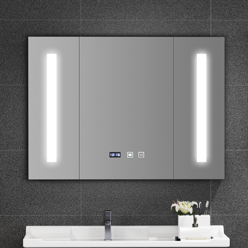 浴室镜柜挂墙式智能带灯卫生间镜面浴室柜实木洗手间镜子带置物架-tmall.com天猫 60cm黑-【